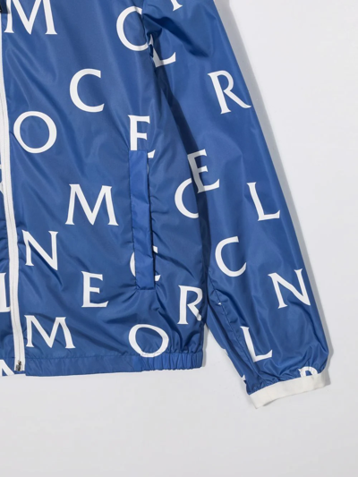 Shop Moncler Teen Logo Lettering-print Hooded Rain Jacket In Blue