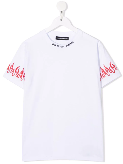Shop Vision Of Super Logo-embroidered Flame T-shirt In White