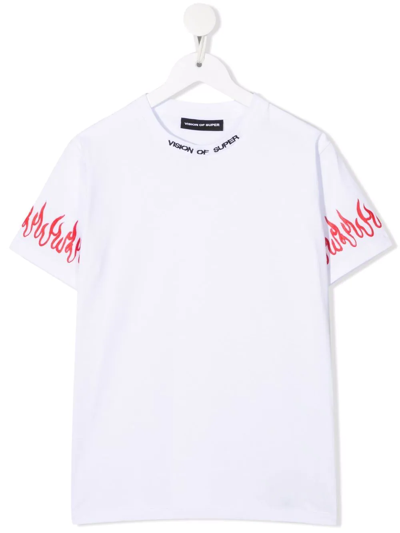 Vision Of Super White Kids T-shirt With Logo And Red Spray Flames Print In White