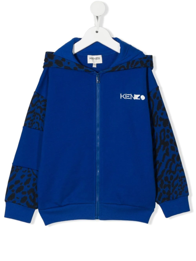 Shop Kenzo Animal-print Panelled Zip-up Hoodie In Blue