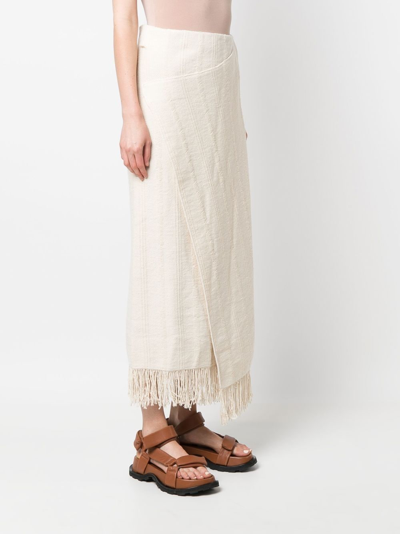 Shop Jil Sander Fringed Wrap-effect Midi Skirt In Neutrals