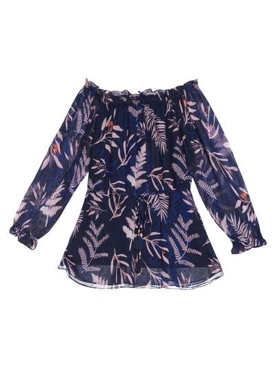 Diane Von Furstenberg 'camila' Leaf Print Chiffon Off-shoulder Blouse In Midnight-blue