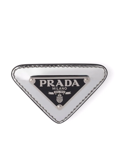 Shop Prada Triangle Logo Brooch In Silver