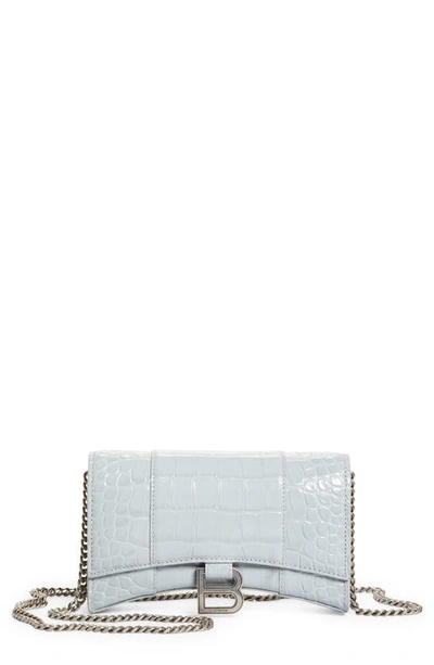 Shop Balenciaga Hourglass Croc Embossed Leather Wallet On A Chain In Ash Blue