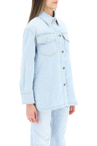 Shop Stella Mccartney Denim Overshirt With Logo Laser In Light Blue