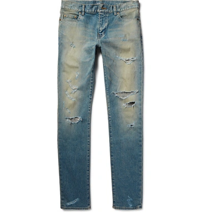 Shop Saint Laurent Skinny-fit 16cm Hem Distressed Washed Stretch-denim Jeans In Light Denim