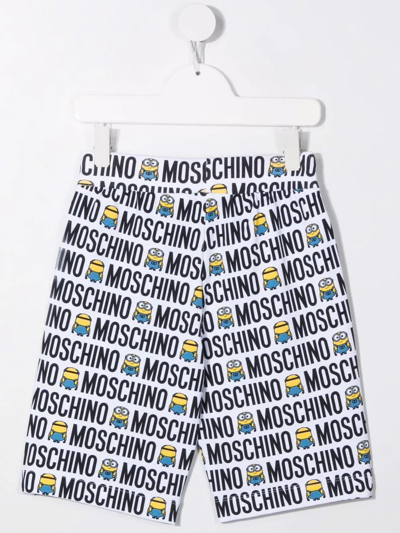 Shop Moschino Kids White Bermuda With All-over Minions And Logo Print In Bianco