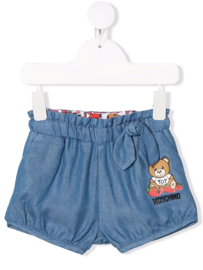 Shop Moschino Kids Balloon Shorts In Blue Denim With Logo And Teddy Bear With Strawberries In Azzurro Cielo