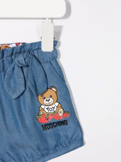 Shop Moschino Kids Balloon Shorts In Blue Denim With Logo And Teddy Bear With Strawberries In Azzurro Cielo