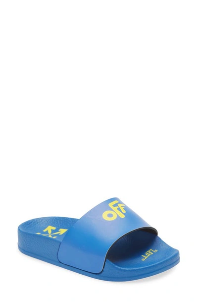 Shop Off-white Kids' Logo Pool Slide In Blue/ Yellow