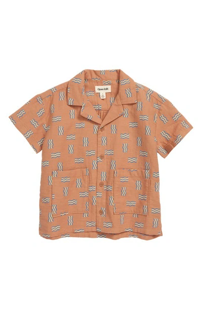 Open Edit Kids' Fun Short Sleeve Organic Cotton Camp Shirt In Tan Wavy Signals
