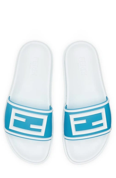 Shop Fendi Baguette Slide Sandal In White/ Blue