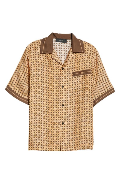 Shop Amiri Hexagonal Weave  Print Silk Bowling Shirt In Brown