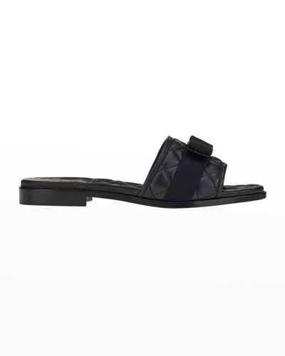 Shop Ferragamo Quilted Lambskin Bow Flat Sandals In Nero