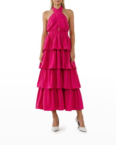 Shop Endless Rose Crossover Halter Tiered Open-back Maxi Dress In Fuschia