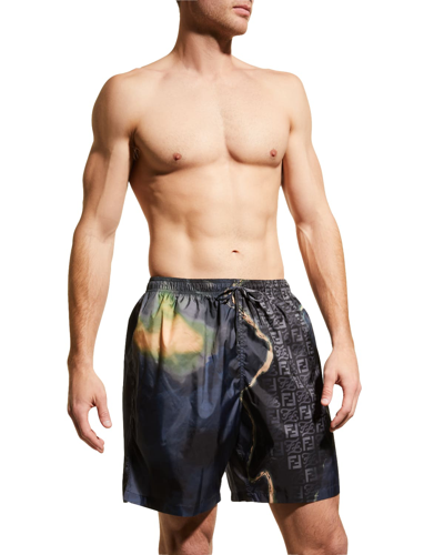 Shop Fendi Men's Ff Earth Swim Shorts In Moonlight