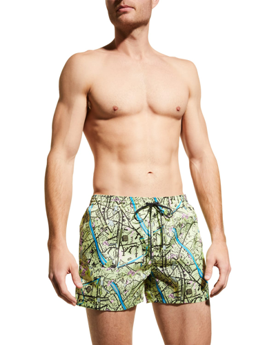 Shop Fendi Men's Roma Map Swim Shorts In Light Green