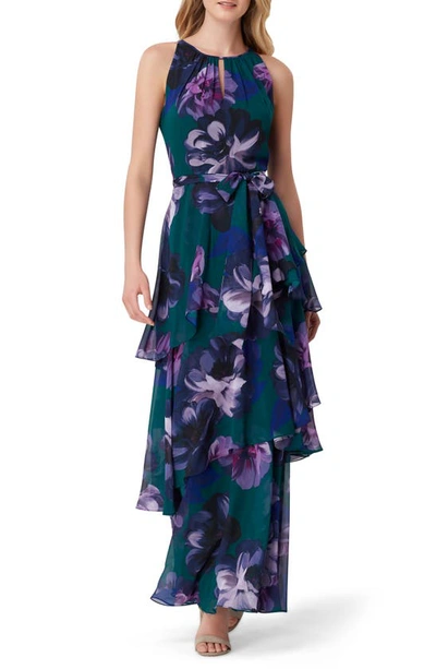 Shop Tahari Sleeveless Tiered Floral Maxi Dress In Purple Green Floral
