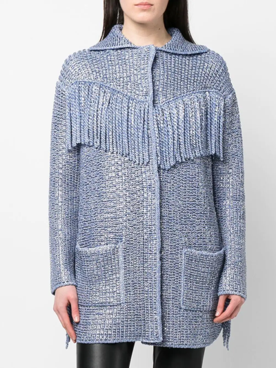 Shop Ermanno Scervino Fringe-detail Single-breasted Coat In Blue