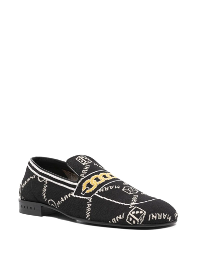 Shop Marni All-over Logo-jacquard Loafers In Black
