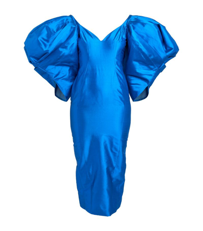 Shop Anouki Silk Puff-sleeved Pencil Dress In Blue