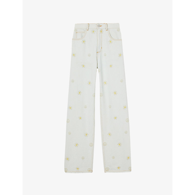 Shop Sandro Cyriaque Daisy-embroidered Denim Jeans In Naturels