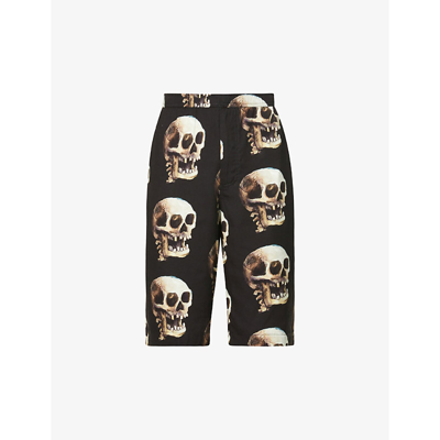 Shop Endless Joy Skull-print Drawstring-waistband Woven Shorts In Black