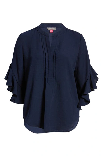 Shop Vince Camuto Ruffle Sleeve Split Neck Blouse In Classic Navy