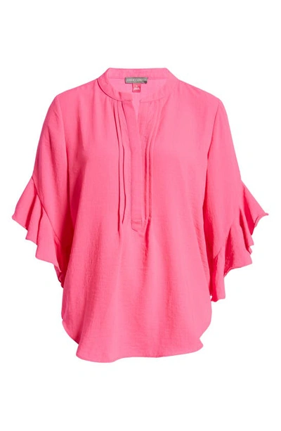 Shop Vince Camuto Ruffle Sleeve Split Neck Blouse In Hot Pink