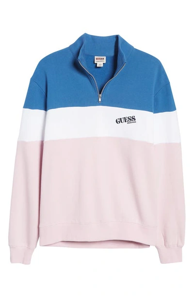 Shop Guess Originals Go Reynolds Colorblock Half Zip Cotton Blend Sweatshirt In Water Park Blue Multi