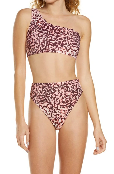 Scallop One shoulder Bikini Top In Pink Soft Sketch Texture