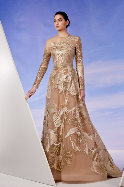 Shop Edward Arsouni Gold Sequin Applique Gown