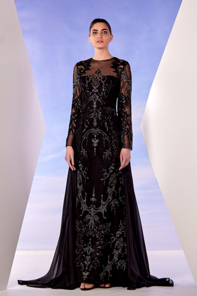 Shop Edward Arsouni Long Sleeve Black Silver Lace Gown