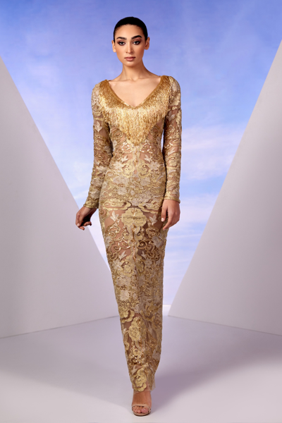Shop Edward Arsouni Long Sleeve Gold Lace Gown