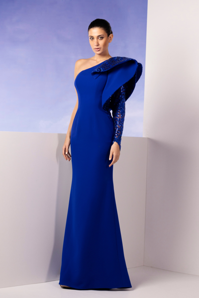 Shop Edward Arsouni One-shoulder Blue Crepe Gown