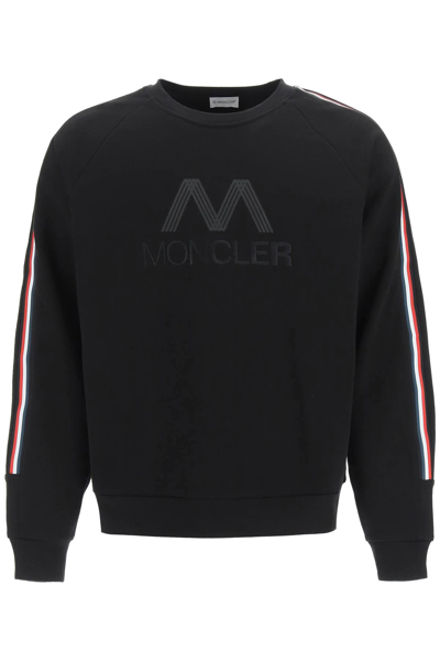 Shop Moncler Sweatshirt With Embroidered Logo And Tricolor Side Bands In Black