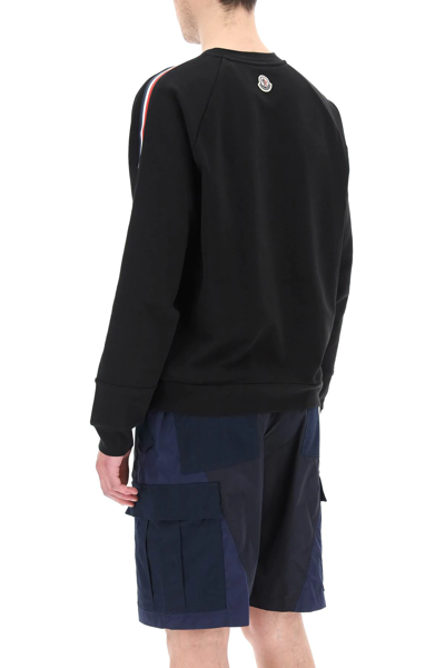 Shop Moncler Sweatshirt With Embroidered Logo And Tricolor Side Bands In Black
