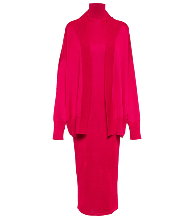 Shop Alaïa Cardigan High-neck Midi Dress In Pink