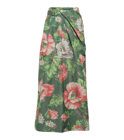Shop Erdem Charlotte Floral Wrap Midi Skirt In Green / Red