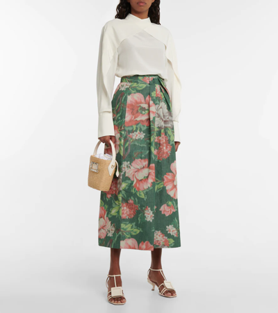 Shop Erdem Charlotte Floral Wrap Midi Skirt In Green / Red