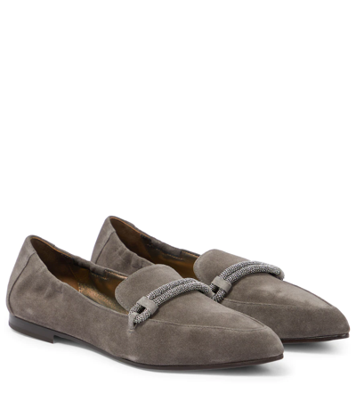 Brunello Cucinelli Embellished Suede Loafers In C8212 Dark Grey | ModeSens