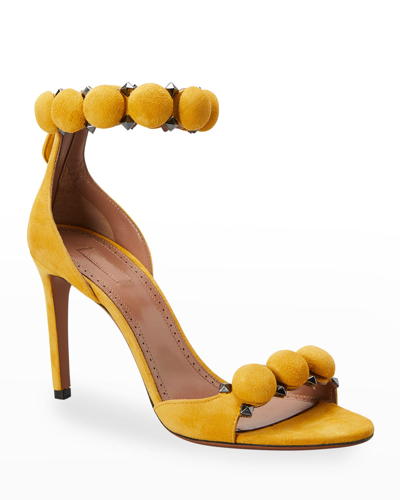 Shop Alaïa Bombe Stud Suede Ankle-wrap High-heel Sandals In Yellow