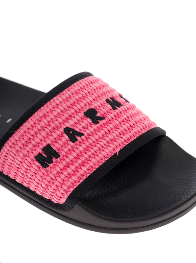 Shop Marni Woman 's Pink Raffia Mules With Logo
