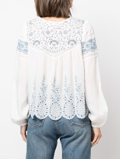 Shop Loveshackfancy Embroidered Crew Neck Blouse In White