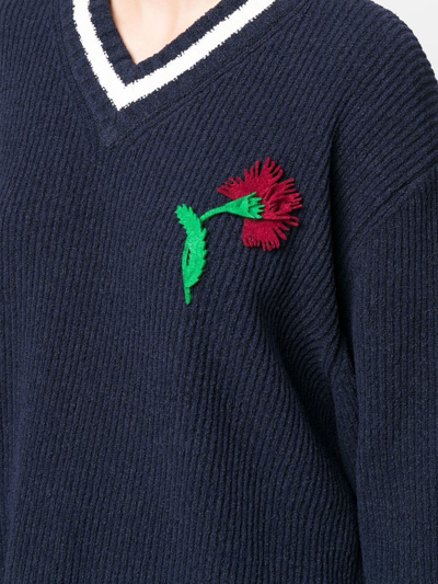 Shop Maison Margiela Floral-embroidered V-neck Jumper In Blue