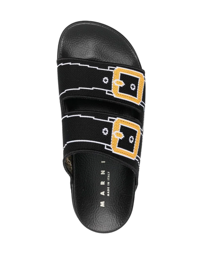 Shop Marni Buckle-print Double-strap Slides In Black