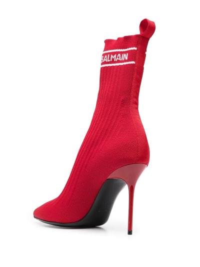 Shop Balmain Intarsia-knit Sock-style Boots In Red