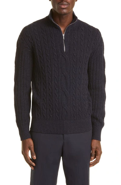 Shop Loro Piana Clarendon Cable Knit Half Zip Cashmere & Linen Sweater In Blue Navy/ Pirate Blue