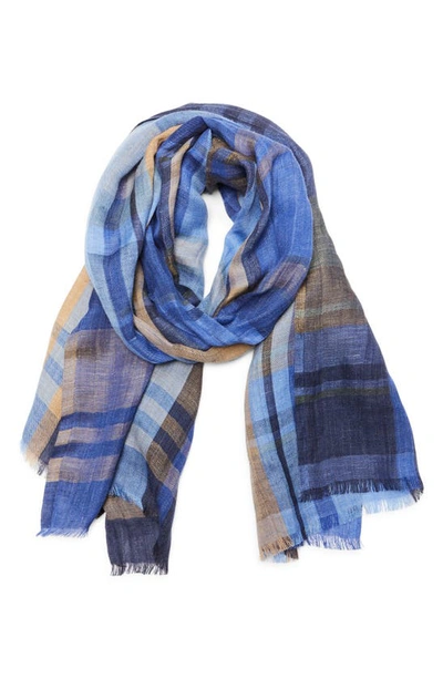 Shop Loro Piana Summer Royal College Large Plaid Scarf In Blue Denim/ Pacific/ Golden