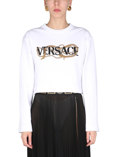 Shop Versace Chain Detailed Cropped Sweatshirt In White